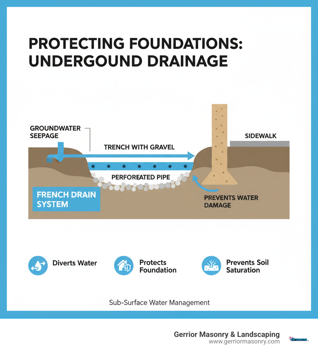 Infographic showing underground water flow being intercepted by a French drain system running parallel to a building foundation - french drain under sidewalk infographic 