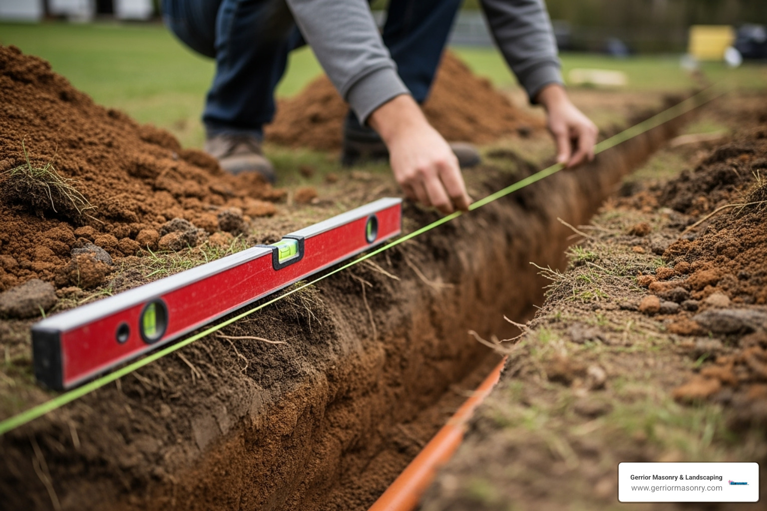 string line and level used to establish slope for french drain installation - french drain under sidewalk