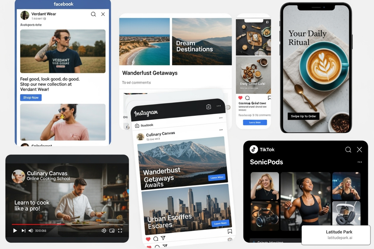 A collage of social media ads across different platforms including Facebook, Instagram, and TikTok, showing diverse ad formats like image, video, and carousel ads - how to advertise A collage of social media ads across different platforms including Facebook, Instagram, and TikTok, showing diverse ad formats like image, video, and carousel ads - how to advertise