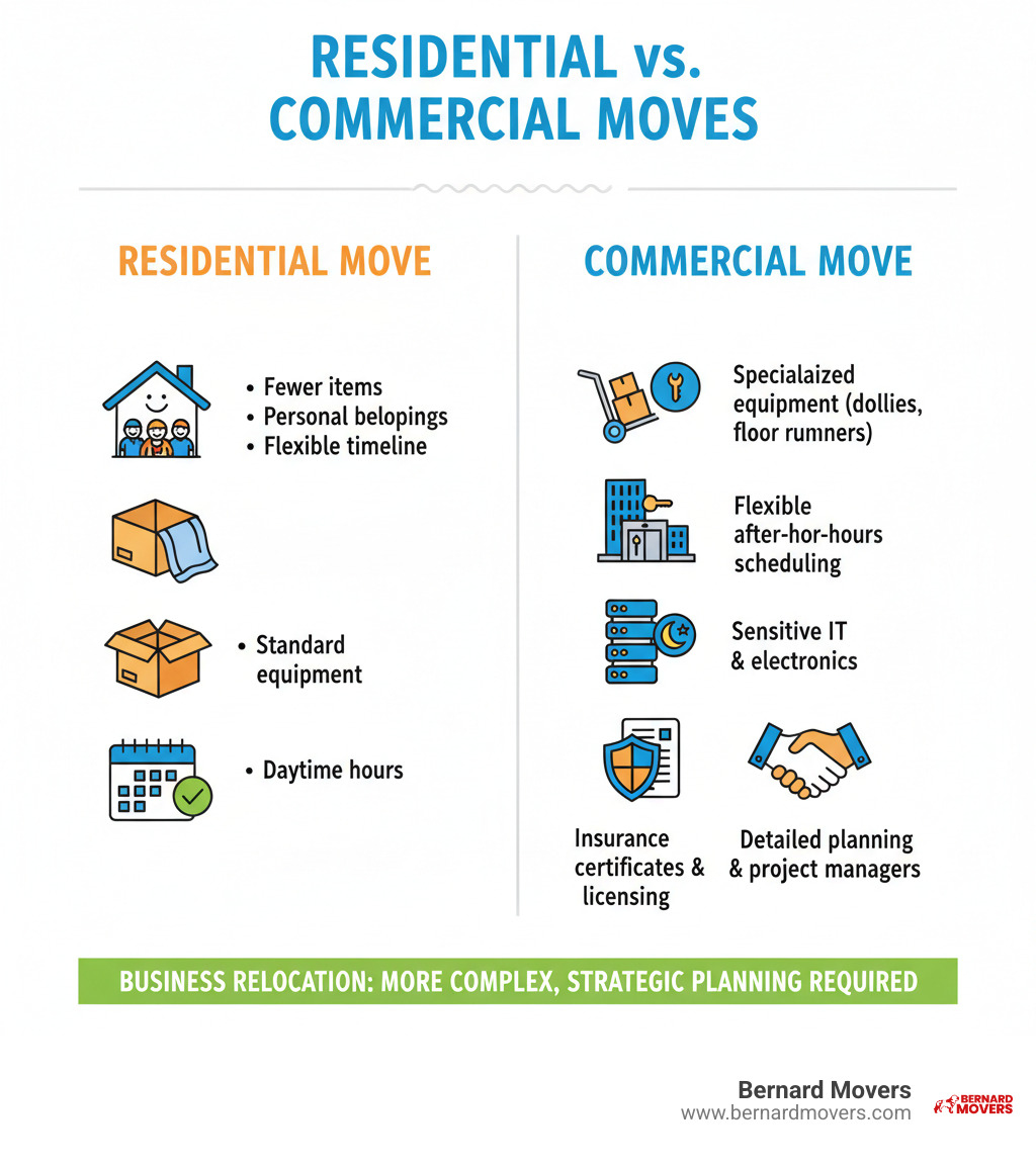 Infographic showing key differences between residential and commercial moves: Commercial moves require specialized equipment like dollies and floor runners, involve coordinating building access and elevator reservations, need flexible after-hours scheduling to minimize downtime, require handling of sensitive IT equipment and electronics, demand proper insurance certificates and licensing, and involve more detailed planning with project managers - commercial movers near me infographic Infographic showing key differences between residential and commercial moves: Commercial moves require specialized equipment like dollies and floor runners, involve coordinating building access and elevator reservations, need flexible after-hours scheduling to minimize downtime, require handling of sensitive IT equipment and electronics, demand proper insurance certificates and licensing, and involve more detailed planning with project managers - commercial movers near me infographic