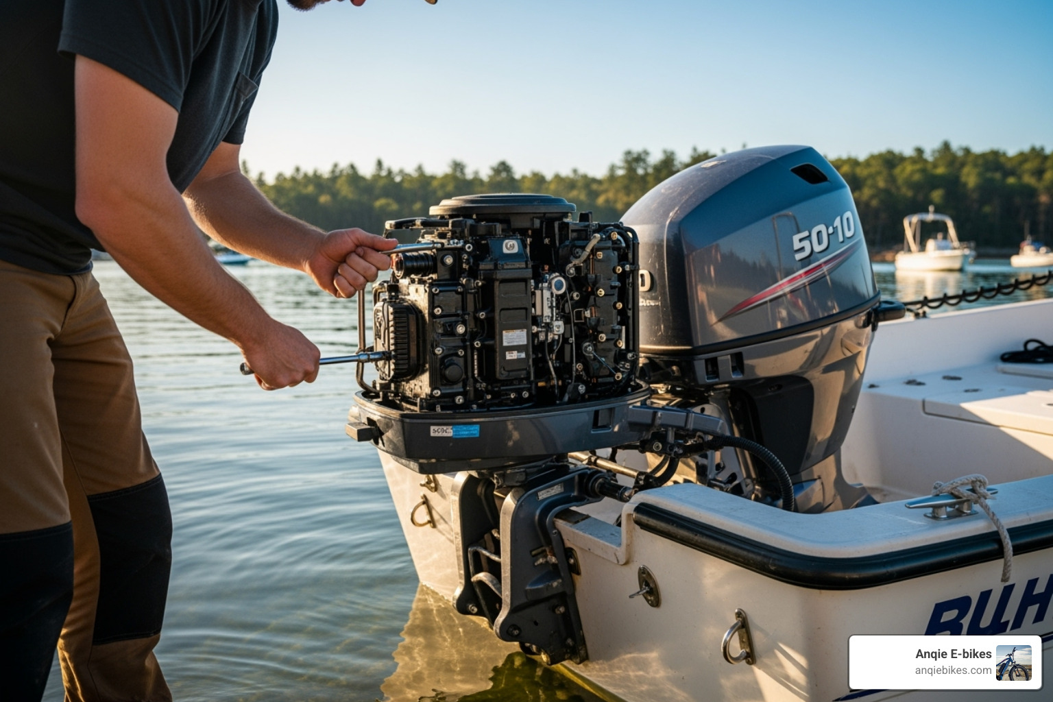 Person checking the spark plug on an outboard motor - 2 stroke outboard motor