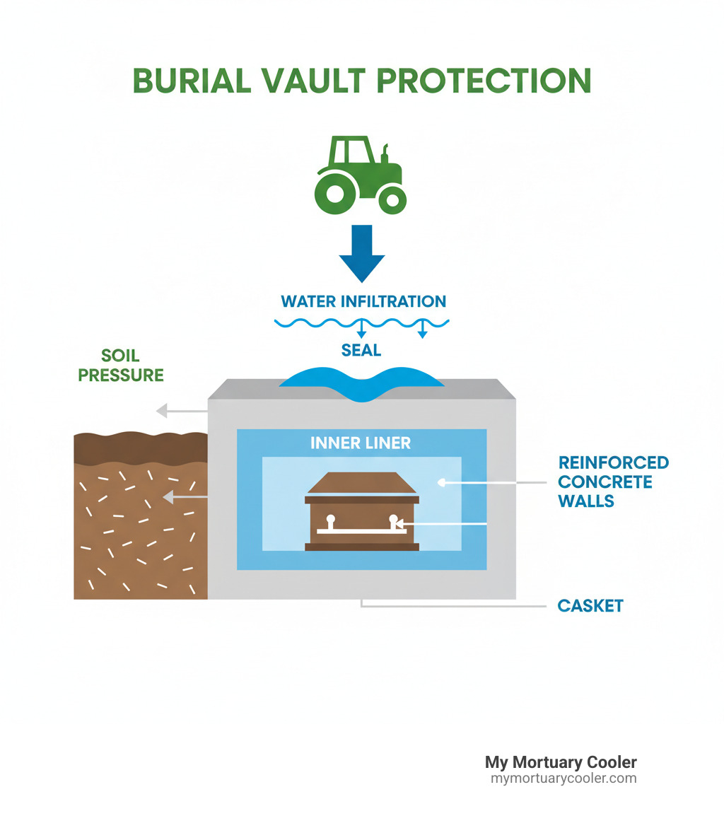 infographic showing cross-section of burial vault protecting casket from soil pressure, water infiltration, and heavy equipment weight, with labels for concrete walls, inner liner, seal, and casket - concrete burial vaults for sale infographic 