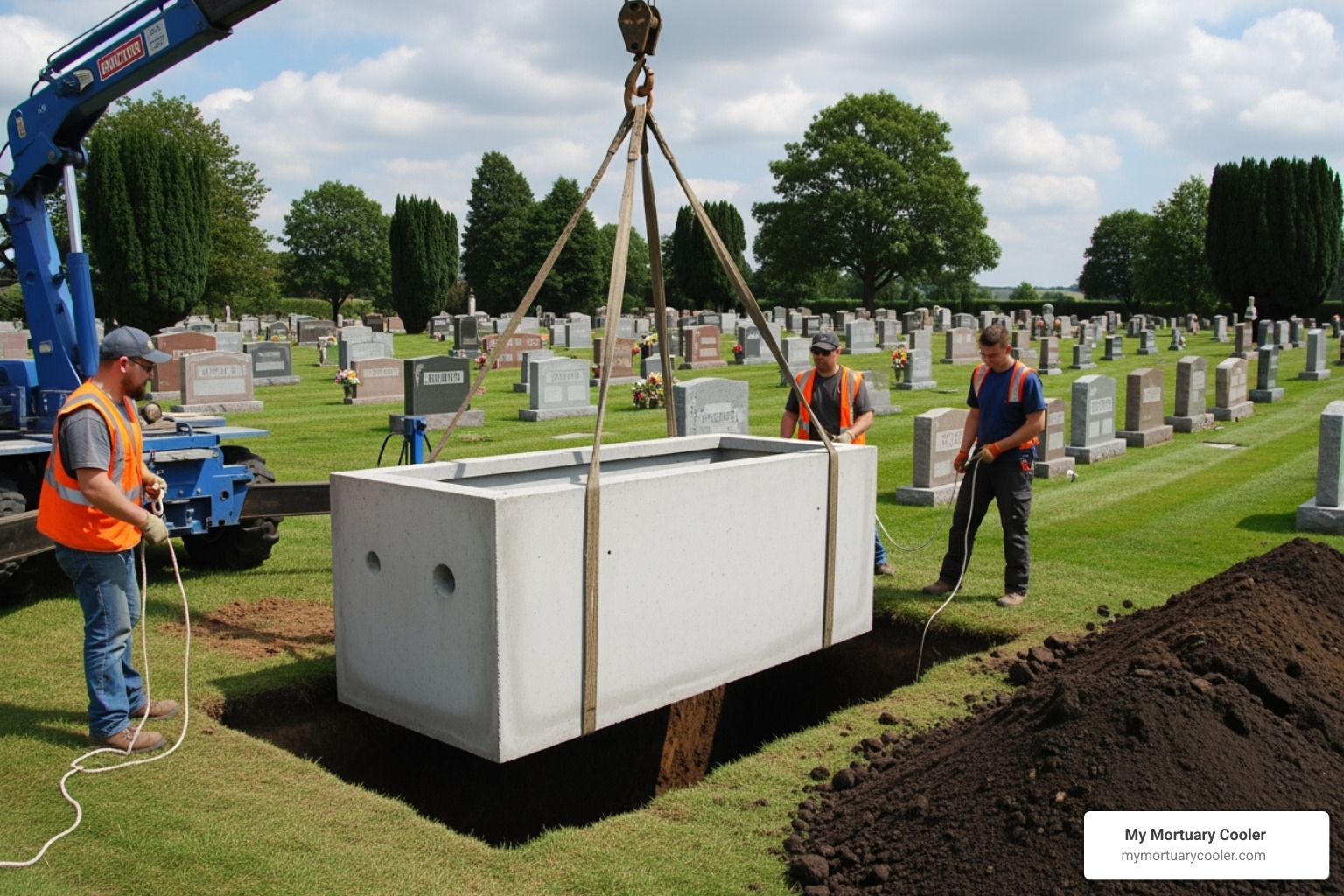 a burial vault being lowered into a grave - concrete burial vaults for sale
