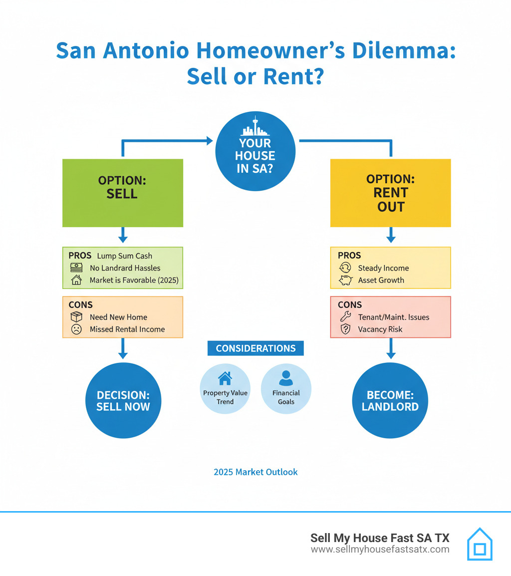 Infographic showing decision tree for San Antonio homeowners comparing selling versus renting options - should i sell my house or rent it out infographic Infographic showing decision tree for San Antonio homeowners comparing selling versus renting options - should i sell my house or rent it out infographic