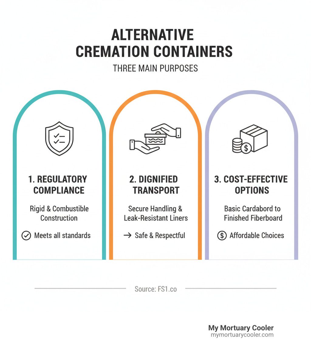 Infographic showing the three main purposes of alternative cremation containers: regulatory compliance with rigid and combustible construction requirements, dignified transport with secure handling features and leak-resistant liners, and cost-effective options ranging from basic cardboard to finished fiberboard designs - alternative cremation containers infographic 