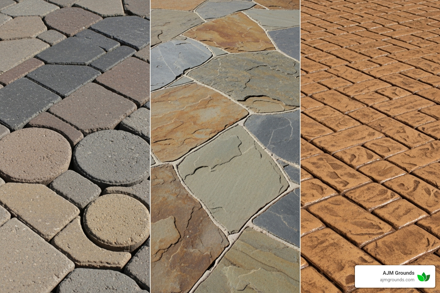 collage showing different patio materials like pavers, flagstone, and stamped concrete - patio construction companies near me