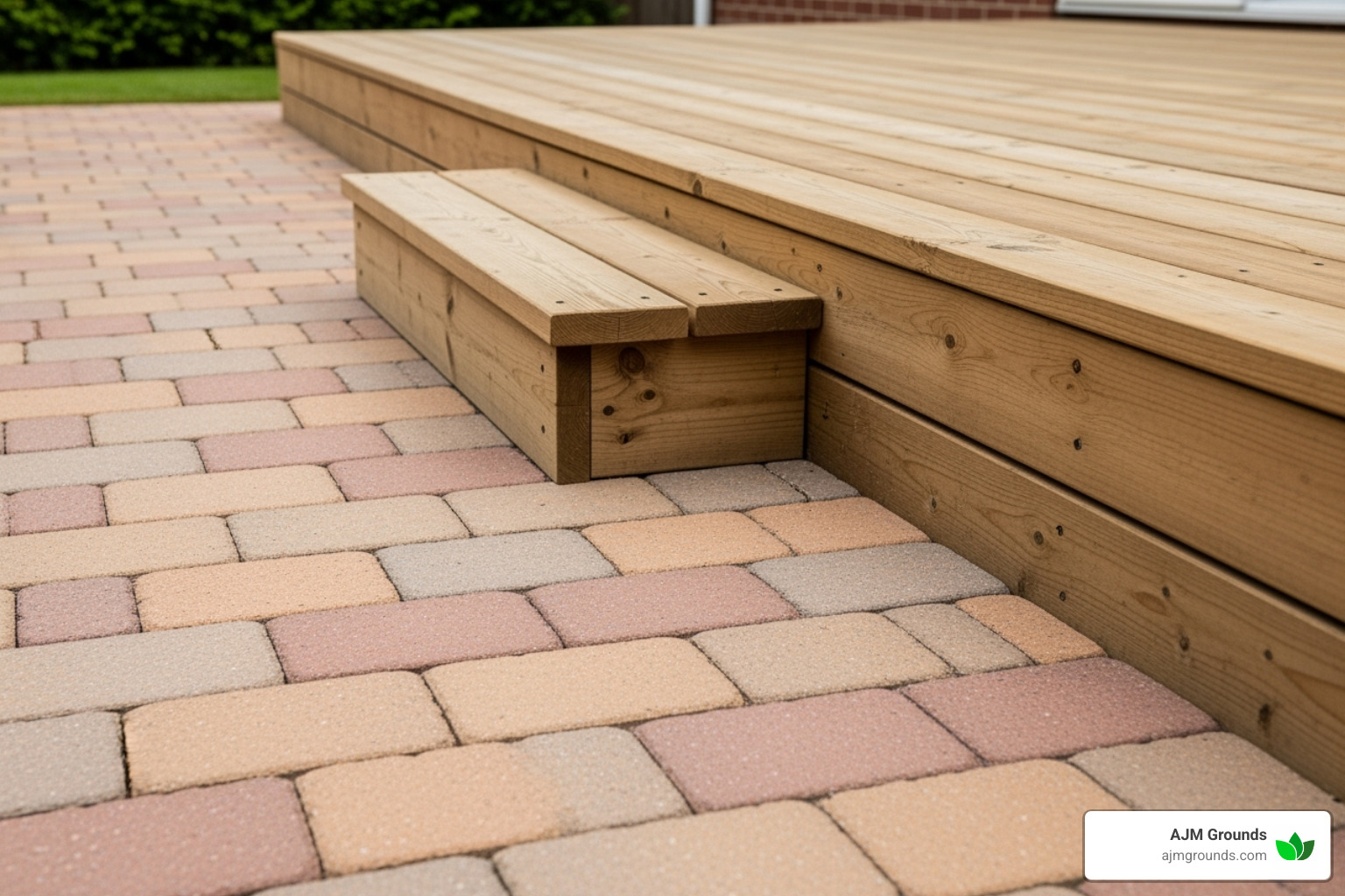 ground-level paver patio next to a raised wooden deck to illustrate the difference - patio construction companies near me