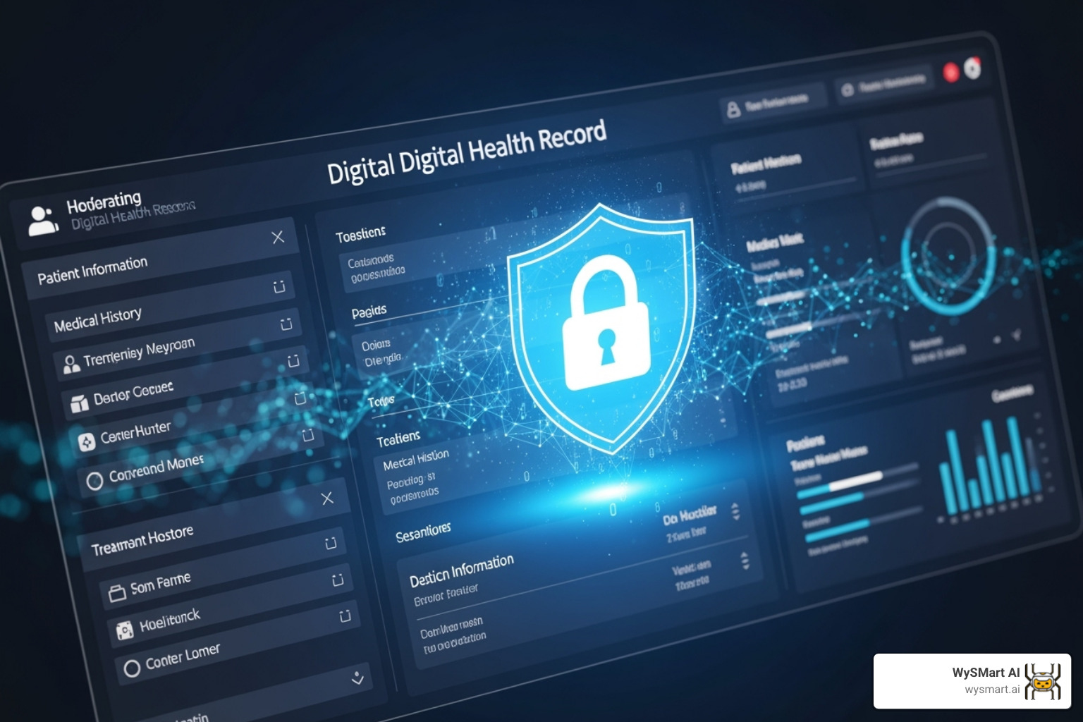 A padlock shield overlaying a digital health record, symbolizing robust HIPAA compliance and data privacy measures in healthcare digital marketing. - Digital marketing medical A padlock shield overlaying a digital health record, symbolizing robust HIPAA compliance and data privacy measures in healthcare digital marketing. - Digital marketing medical