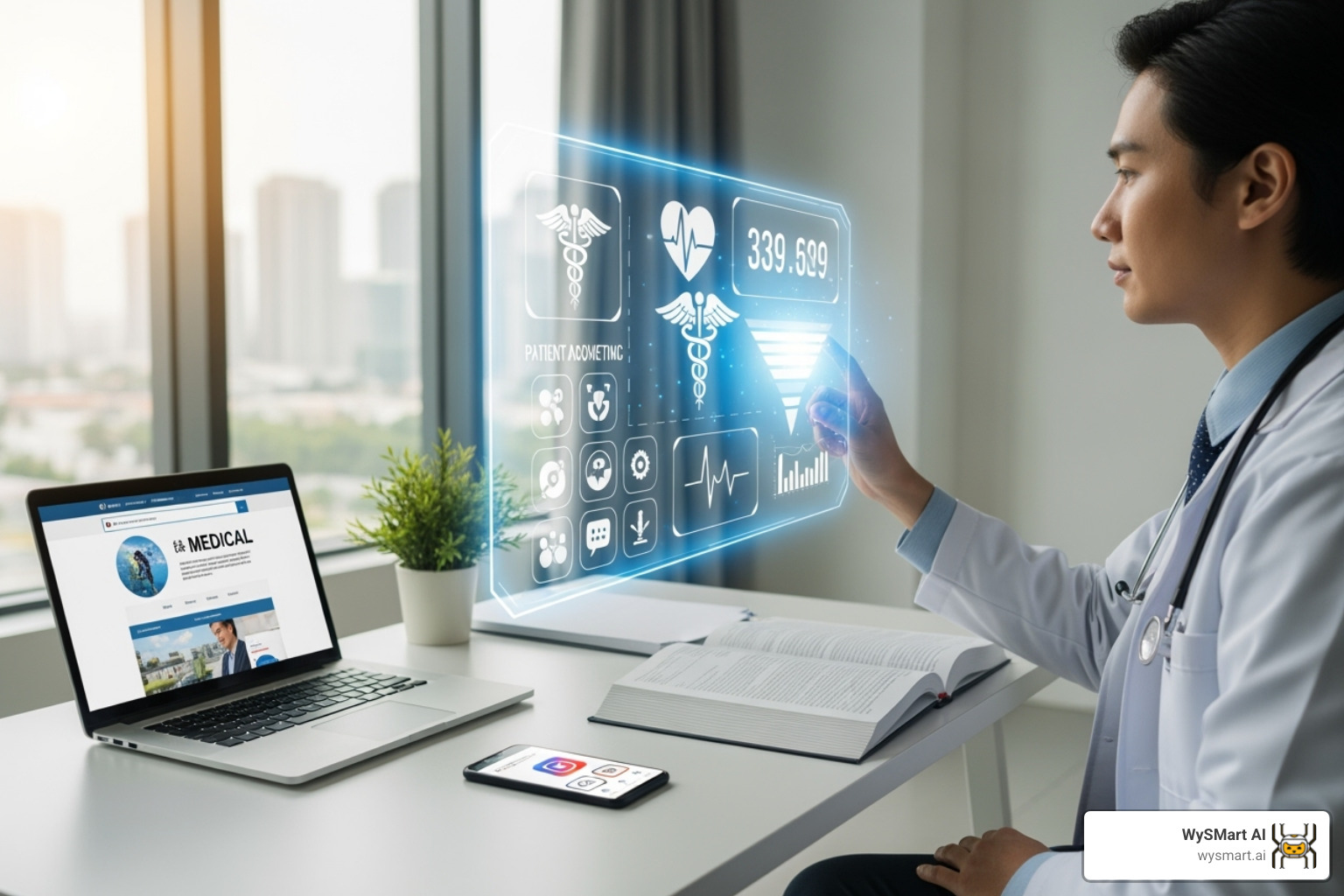 A small business owner, a doctor, smiling while checking a tablet with analytics and patient reviews on the screen, reflecting a modern, tech-savvy approach to practice management. - Digital marketing medical A small business owner, a doctor, smiling while checking a tablet with analytics and patient reviews on the screen, reflecting a modern, tech-savvy approach to practice management. - Digital marketing medical