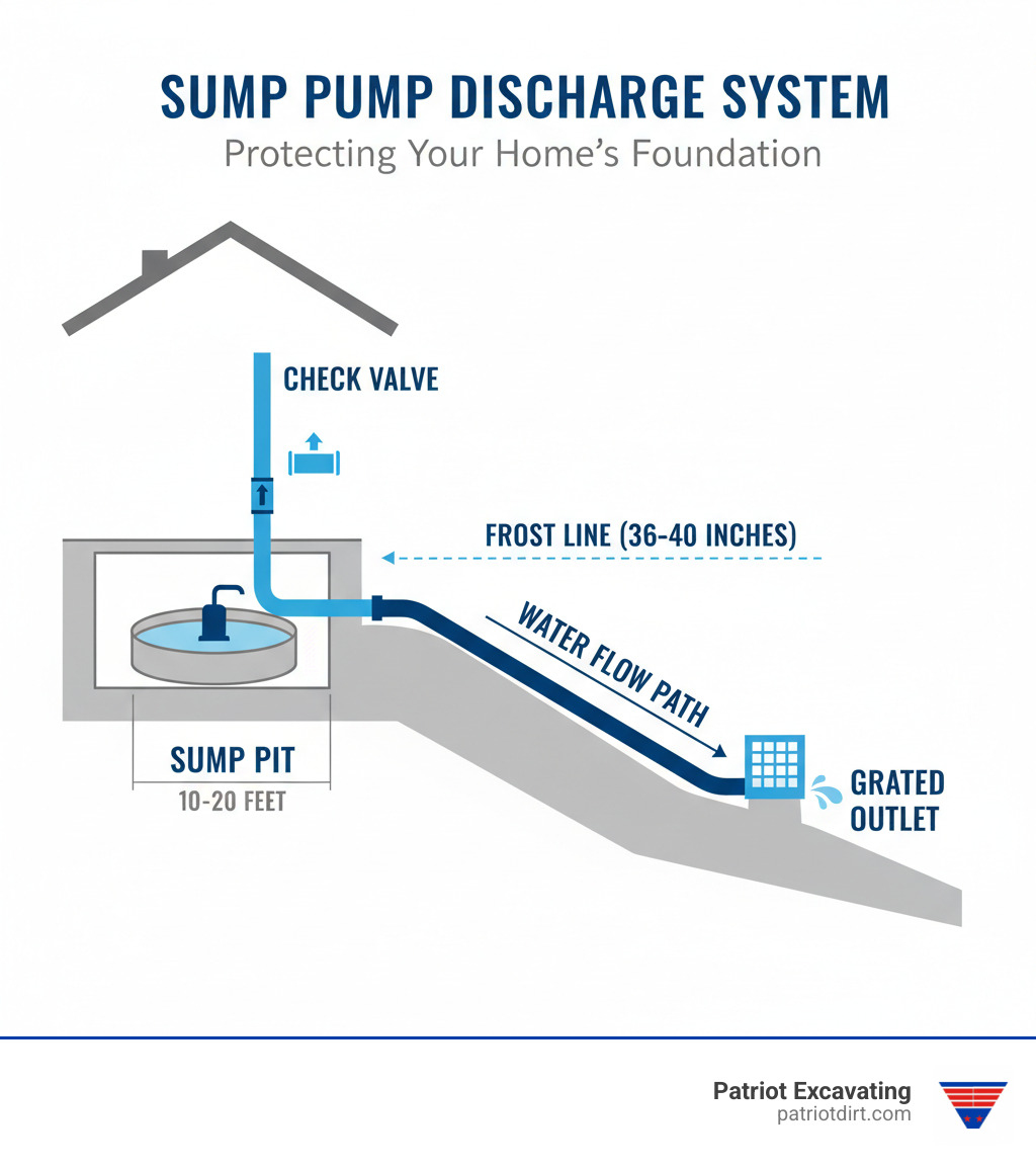 Infographic showing a cross-section view of a complete sump pump system with labeled components: sump pit in basement, check valve on vertical discharge pipe, buried discharge line sloping away from foundation below frost line, and termination point 10-20 feet away with grated outlet, illustrating water flow path from basement to safe discharge location - sump pump discharge line installation infographic Infographic showing a cross-section view of a complete sump pump system with labeled components: sump pit in basement, check valve on vertical discharge pipe, buried discharge line sloping away from foundation below frost line, and termination point 10-20 feet away with grated outlet, illustrating water flow path from basement to safe discharge location - sump pump discharge line installation infographic
