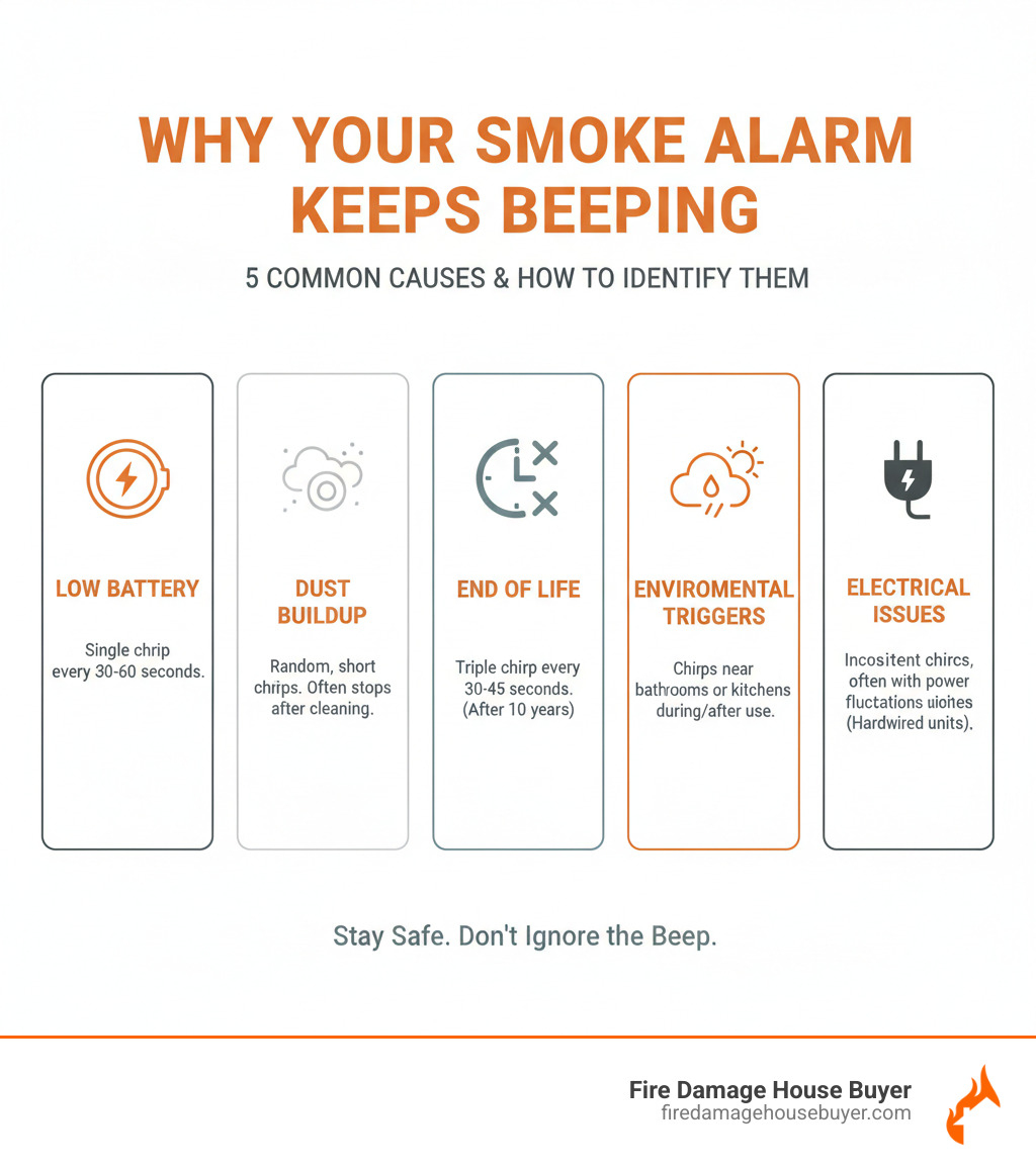 infographic showing the 5 main causes of smoke detector beeping with icons - why does my house fire alarm keep beeping infographic  infographic showing the 5 main causes of smoke detector beeping with icons - why does my house fire alarm keep beeping infographic
