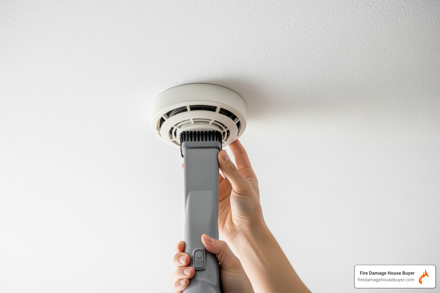 A person uses a handheld vacuum cleaner with a brush attachment to gently clean the vents of a smoke detector mounted on a white ceiling. A person uses a handheld vacuum cleaner with a brush attachment to gently clean the vents of a smoke detector mounted on a white ceiling.
