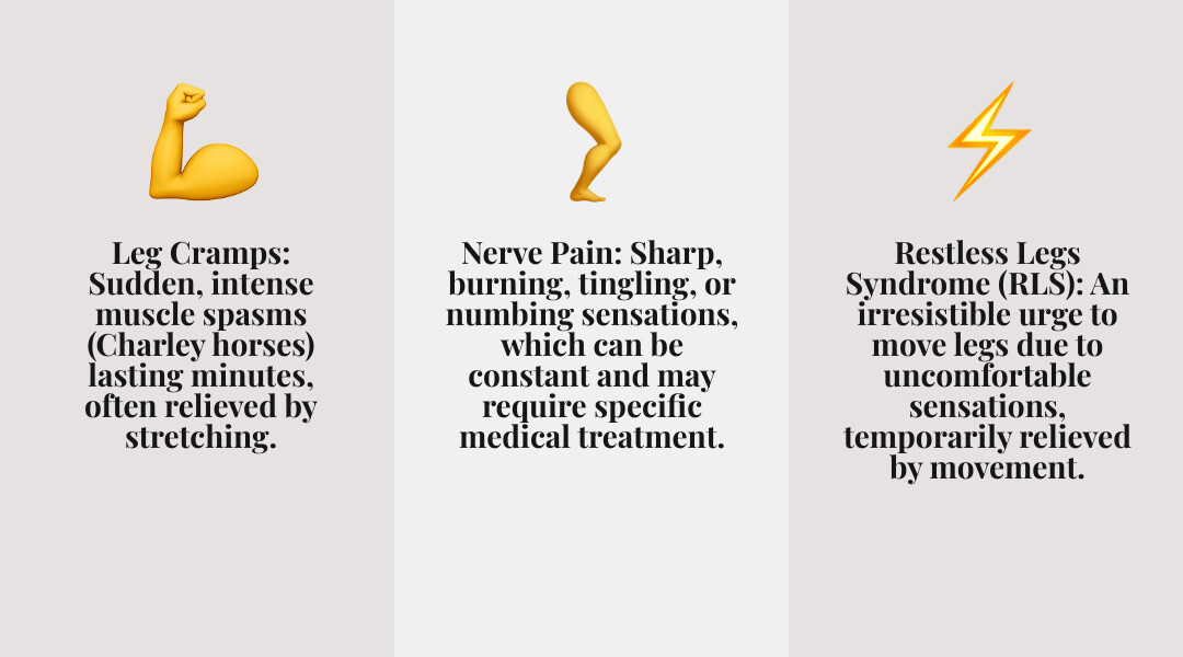 TABLE comparing Leg Cramps vs. Restless Legs Syndrome (RLS) vs. Nerve Pain based on sensation, duration, relief, and associated symptoms - leg soreness at night infographic 3_facts_emoji_grey