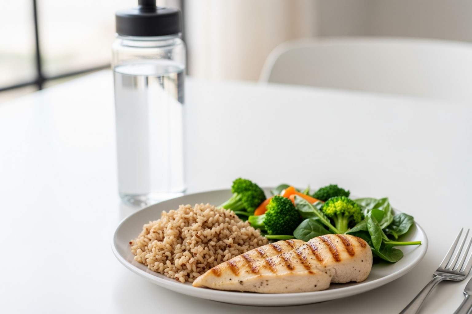 healthy recovery foods like lean protein, complex carbs, and a water bottle - muscle hurt after workout