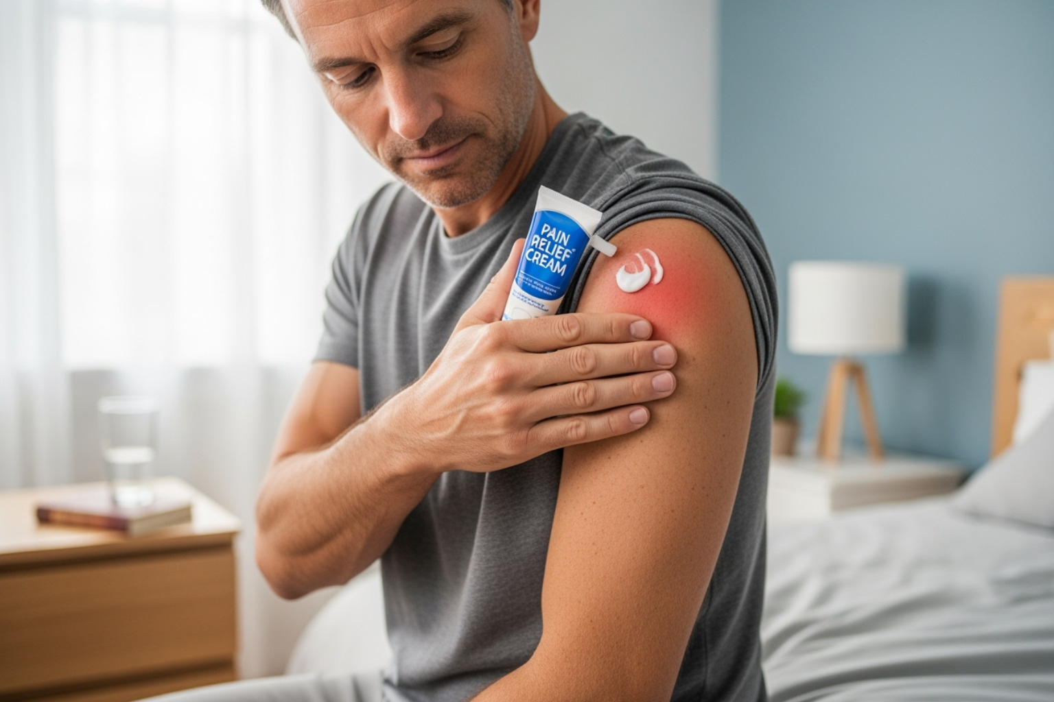 person applying topical cream to shoulder - reason for body aches