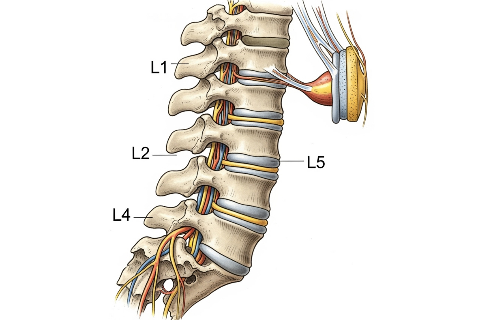 illustrating the anatomy of the lumbar spine (vertebrae, discs, nerves) - pain lower back