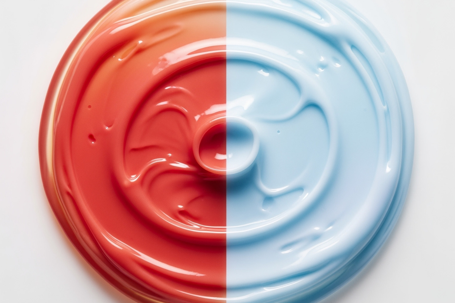 Split screen showing a warming red-hued cream and a cooling blue-hued cream - muscle rub cream