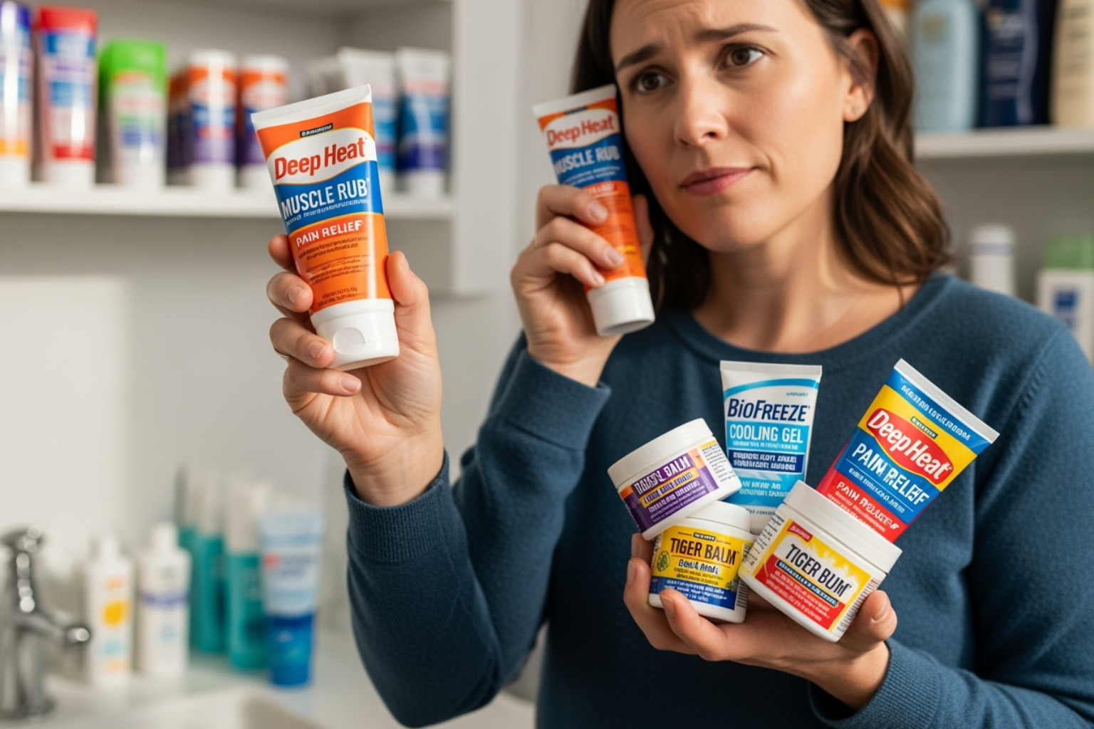 Person comparing muscle rub products - muscle rub cream
