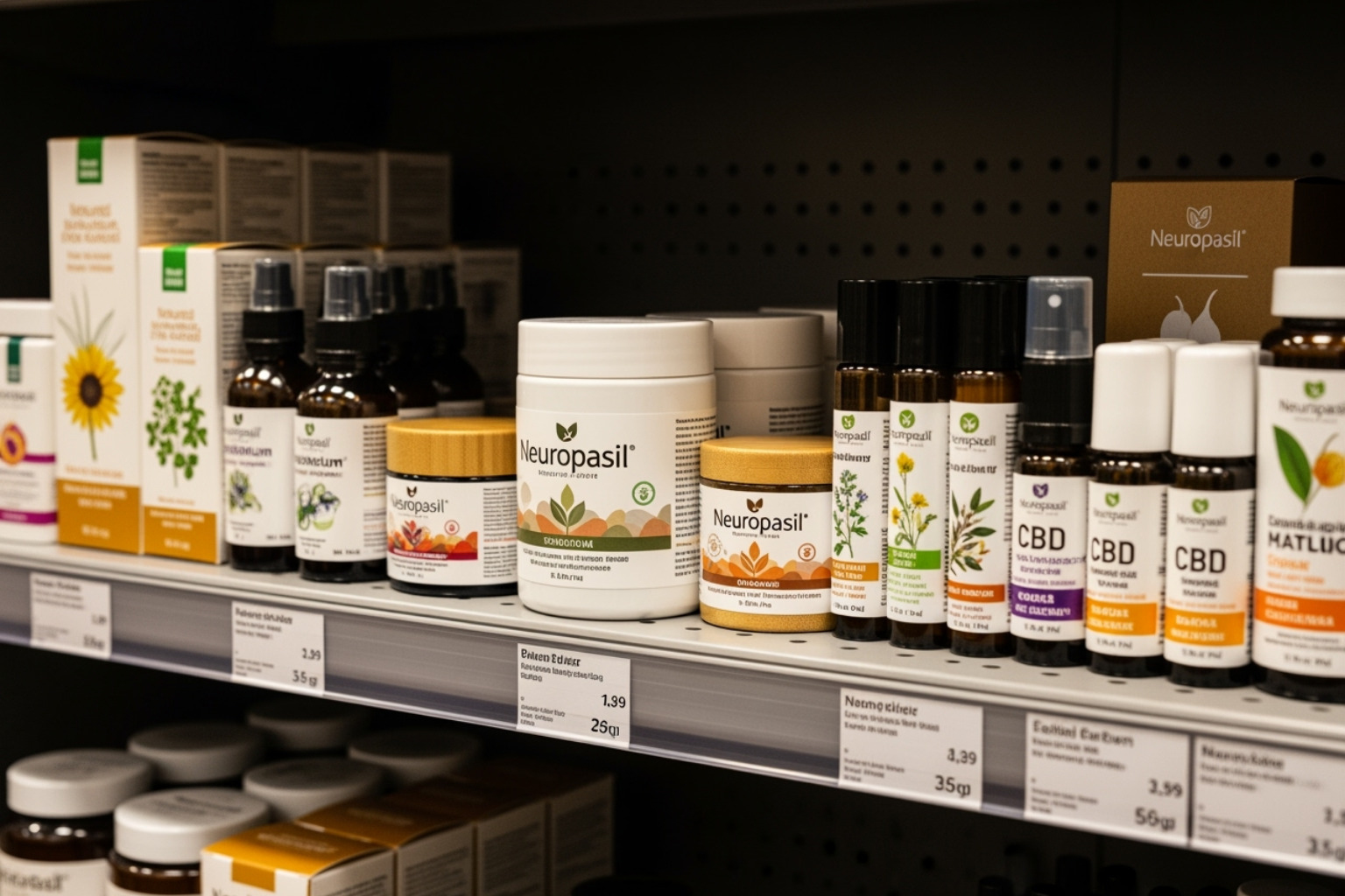 shelf with Neuropasil pain relief cream and other natural muscle relief options - pain relief cream muscle