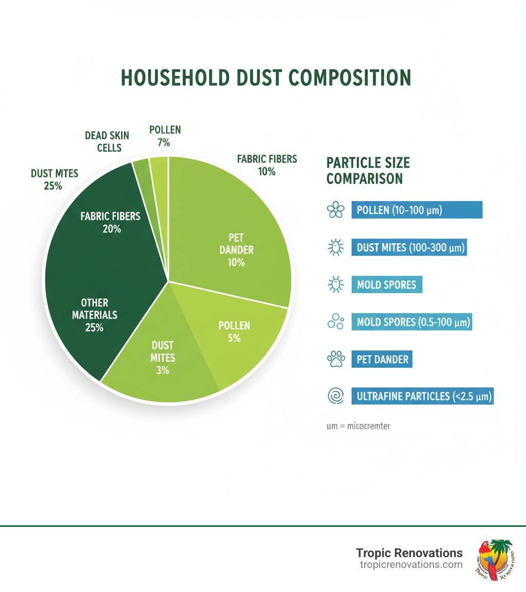 infographic showing household dust composition breakdown with percentages for dead skin cells, pet dander, fabric fibers, pollen, dust mites, soil particles, and other materials, along with particle size comparison - How to minimize dust? infographic 