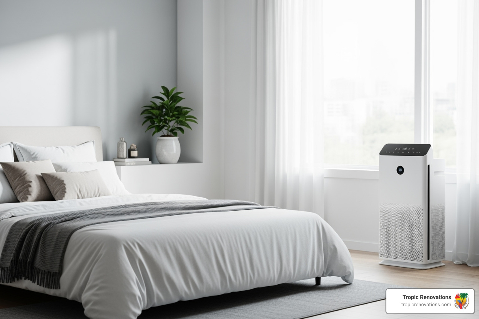 modern air purifier in a bedroom - How to minimize dust?