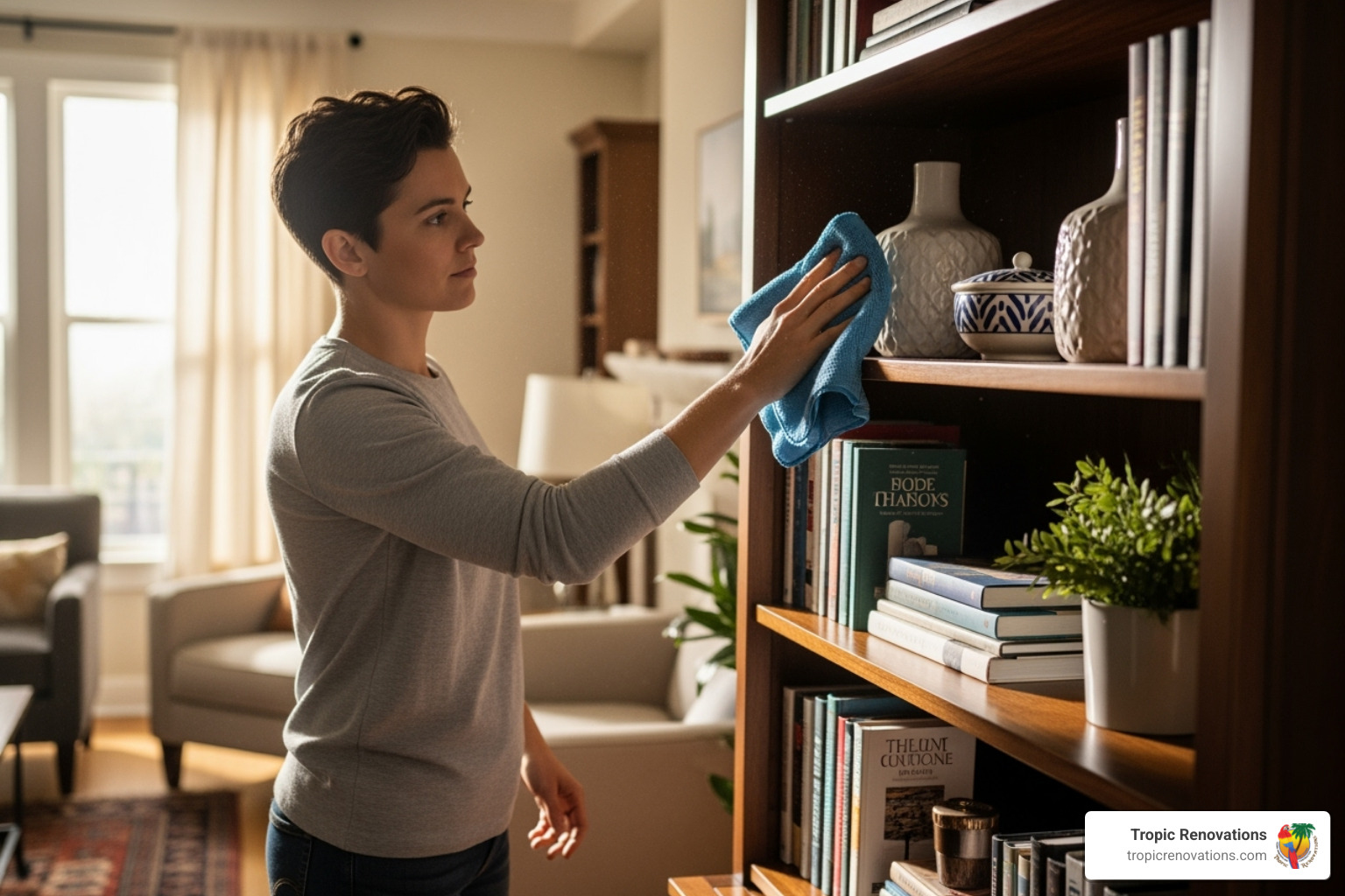 person dusting a bookshelf with a microfiber cloth - How to minimize dust?