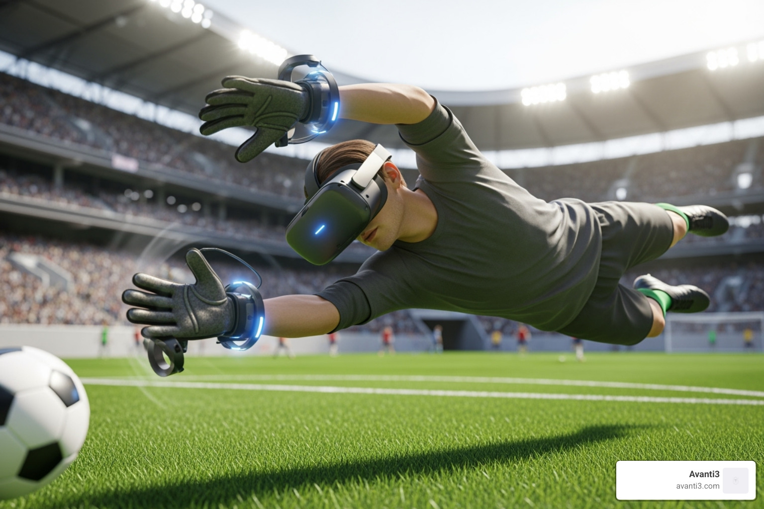 player making a diving save in Avanti3 soccer simulation - most realistic virtual reality game