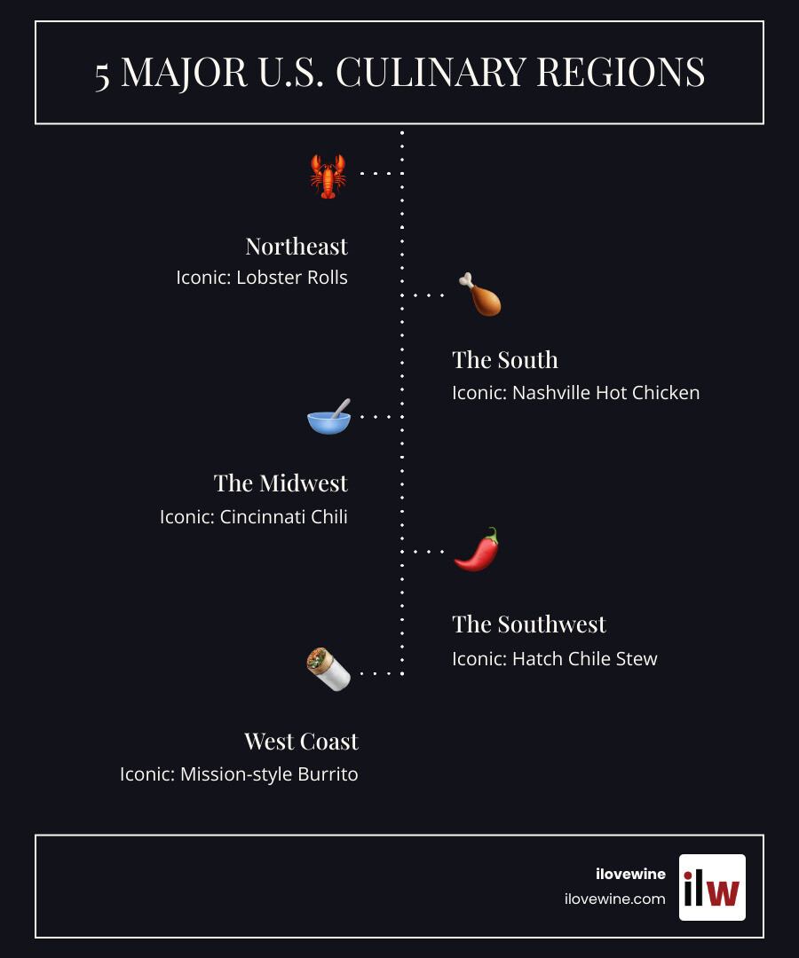 infographic explaining the five major U.S. culinary regions with an iconic food from each - Regional food specialties infographic infographic-line-5-steps-dark infographic explaining the five major U.S. culinary regions with an iconic food from each - Regional food specialties infographic infographic-line-5-steps-dark