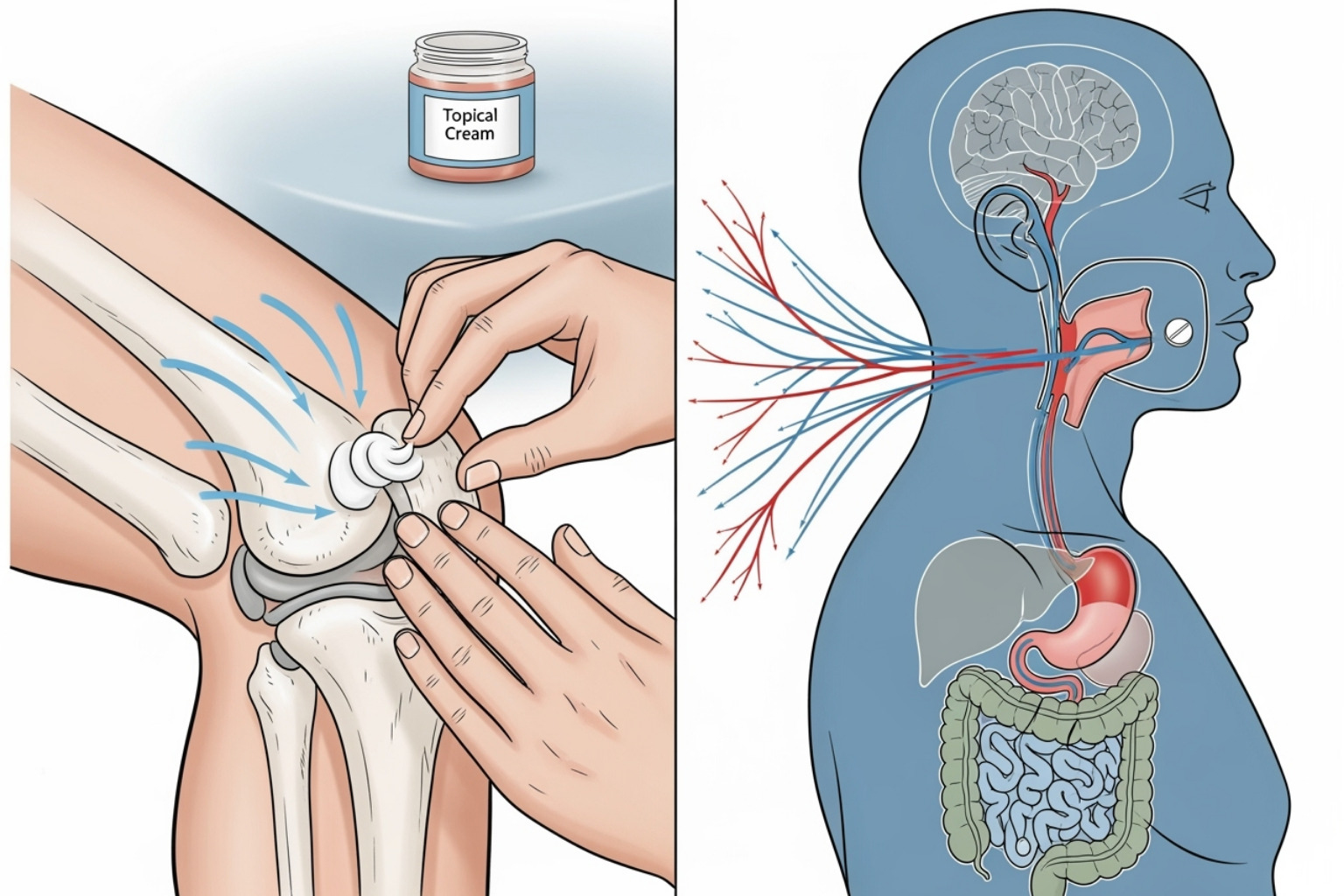 Diagram illustrating how topical cream is absorbed directly into a joint, bypassing the digestive system, compared to oral medication which circulates throughout the body - osteoarthritis pain relief cream