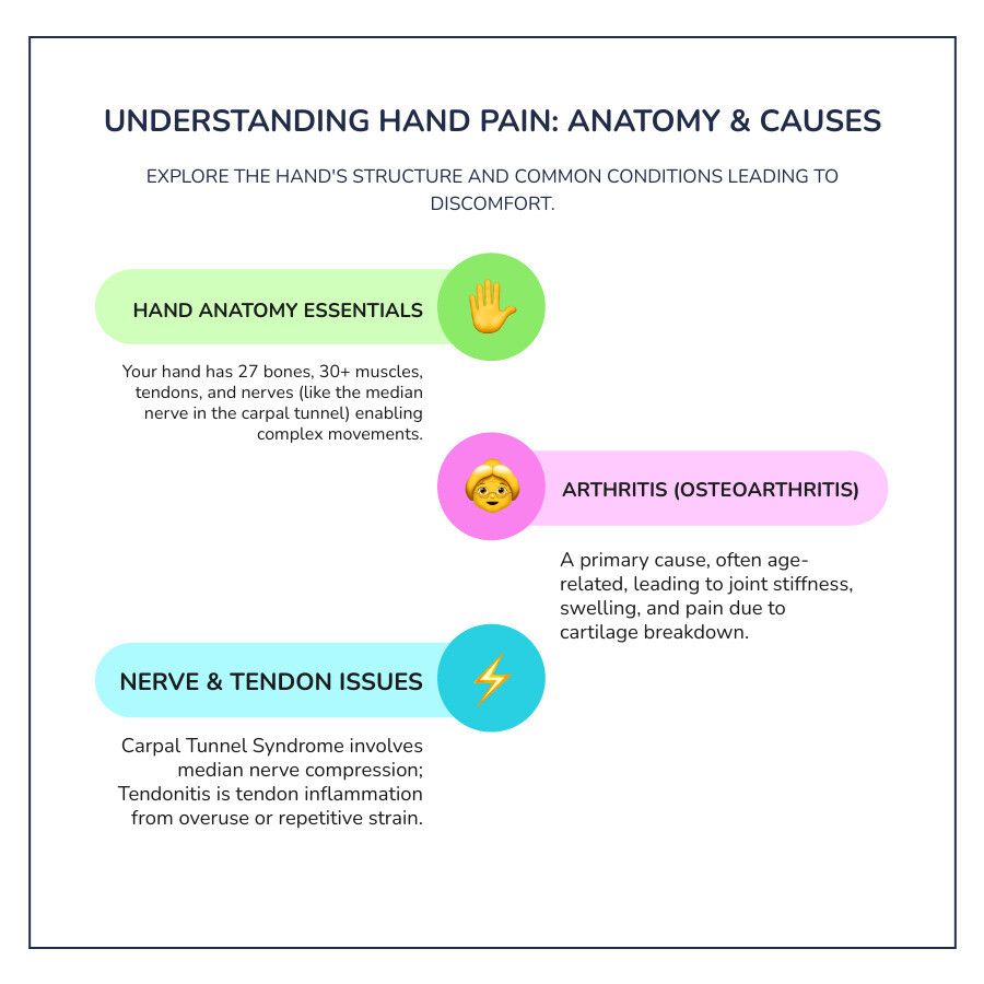 infographic showing hand anatomy with labeled bones (27 small bones including phalanges, metacarpals, and carpals), muscles (over 30 controlling hand movement), tendons (connecting muscles to bones), the carpal tunnel space, and the median nerve pathway, alongside common pain causes like arthritis, carpal tunnel syndrome, tendonitis, and overuse injuries - How to relieve hand pain? infographic infographic-line-3-steps-colors