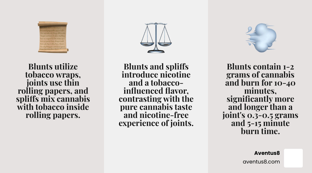 Infographic comparing blunts, joints, and spliffs showing wrapper type (tobacco leaf vs rolling paper), typical cannabis amount (1-2g vs 0.3-0.5g), nicotine content (yes for blunts and spliffs, no for joints), burn time (10-40 min for blunts vs 5-15 min for joints), and flavor profile (tobacco-influenced vs pure cannabis) - blunt weed infographic 3_facts_emoji_grey