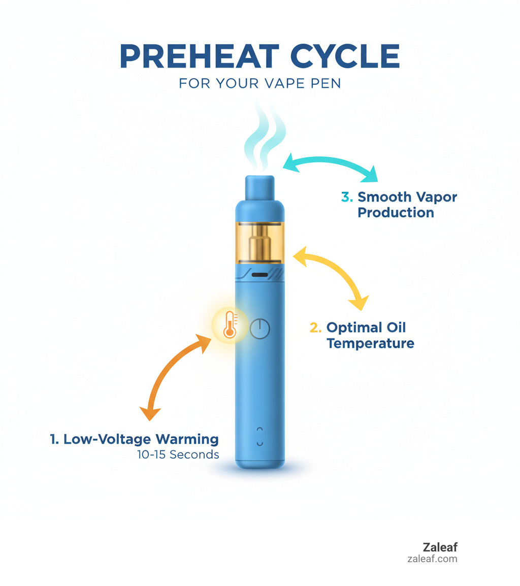 infographic showing the preheat cycle: a vape pen with arrows indicating the 10-15 second low-voltage warming phase, followed by optimal oil temperature, then smooth vapor production - vape pen preheat function infographic infographic showing the preheat cycle: a vape pen with arrows indicating the 10-15 second low-voltage warming phase, followed by optimal oil temperature, then smooth vapor production - vape pen preheat function infographic