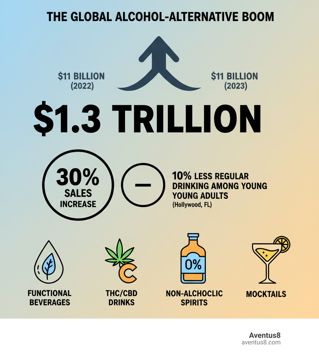 Infographic showing the growth of non-alcoholic beverage market from $11 billion in 2022 to $1.3 trillion in 2023, with key categories including functional beverages, THC/CBD drinks, non-alcoholic spirits, and mocktails, highlighting the 30% sales increase and 10% decrease in regular drinking among young adults in Hollywood, FL area - alcohol alternative drinks infographic  Infographic showing the growth of non-alcoholic beverage market from $11 billion in 2022 to $1.3 trillion in 2023, with key categories including functional beverages, THC/CBD drinks, non-alcoholic spirits, and mocktails, highlighting the 30% sales increase and 10% decrease in regular drinking among young adults in Hollywood, FL area - alcohol alternative drinks infographic