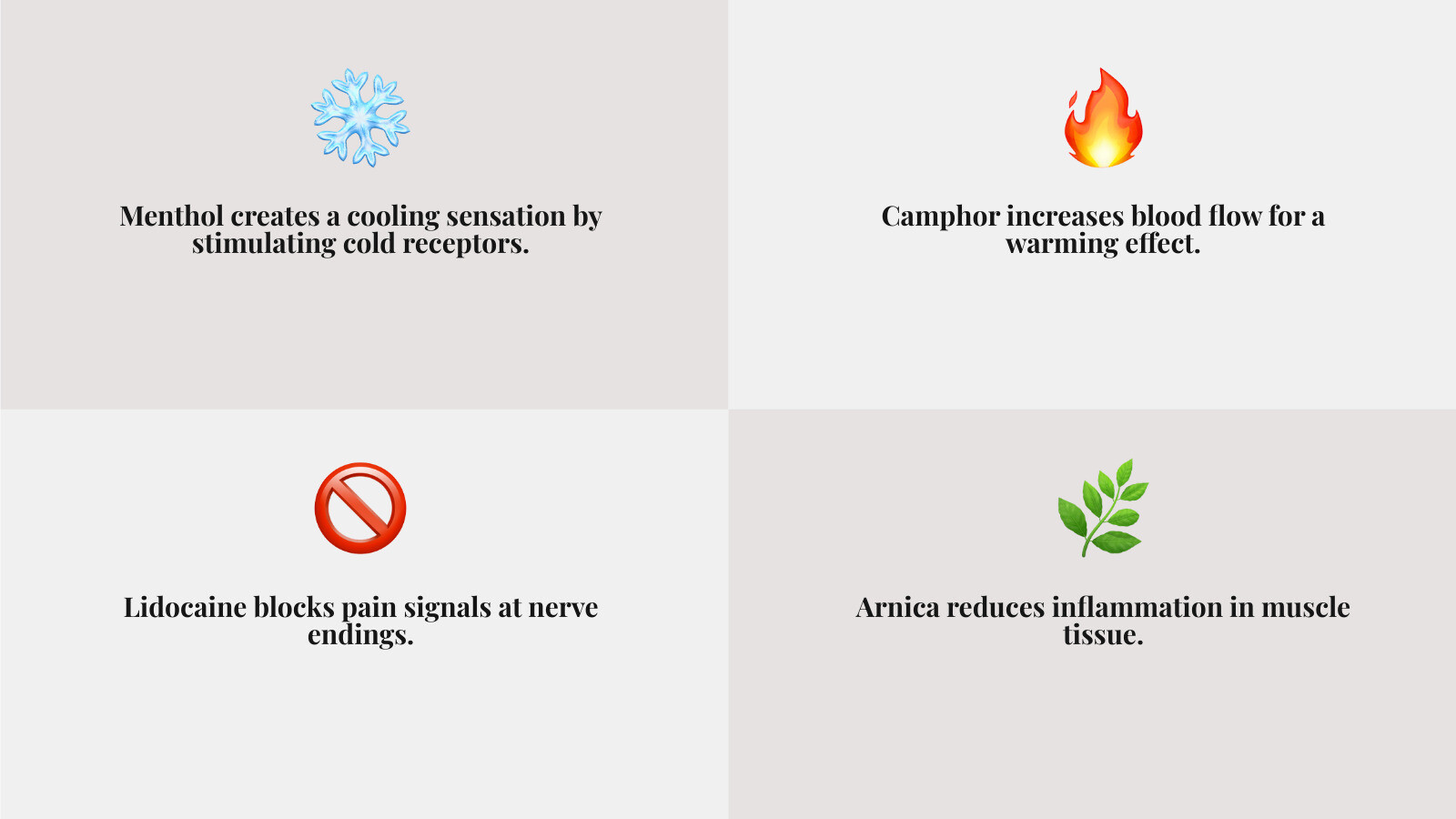 infographic showing how different active ingredients work: menthol creates cooling sensation by stimulating cold receptors, camphor increases blood flow for warming effect, lidocaine blocks pain signals at nerve endings, and arnica reduces inflammation in muscle tissue - what cream is good for sore muscles infographic 4_facts_emoji_grey