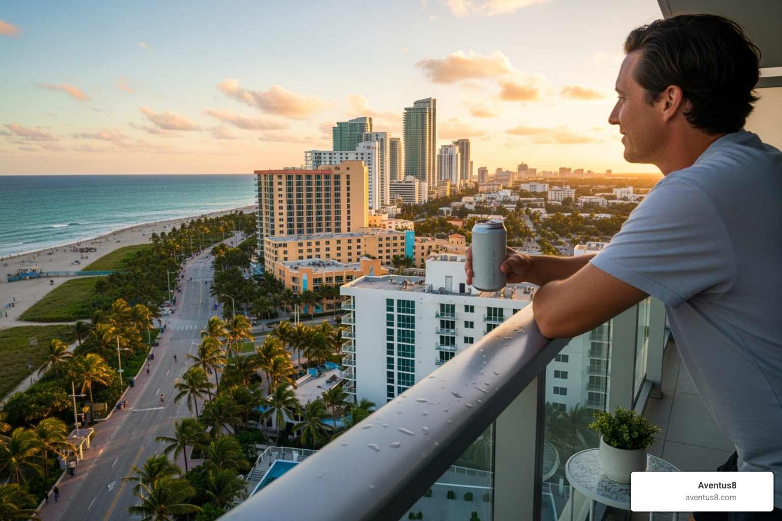 Person enjoying a canned THC beverage on a balcony in Hollywood, FL - alcohol alternative drinks Person enjoying a canned THC beverage on a balcony in Hollywood, FL - alcohol alternative drinks