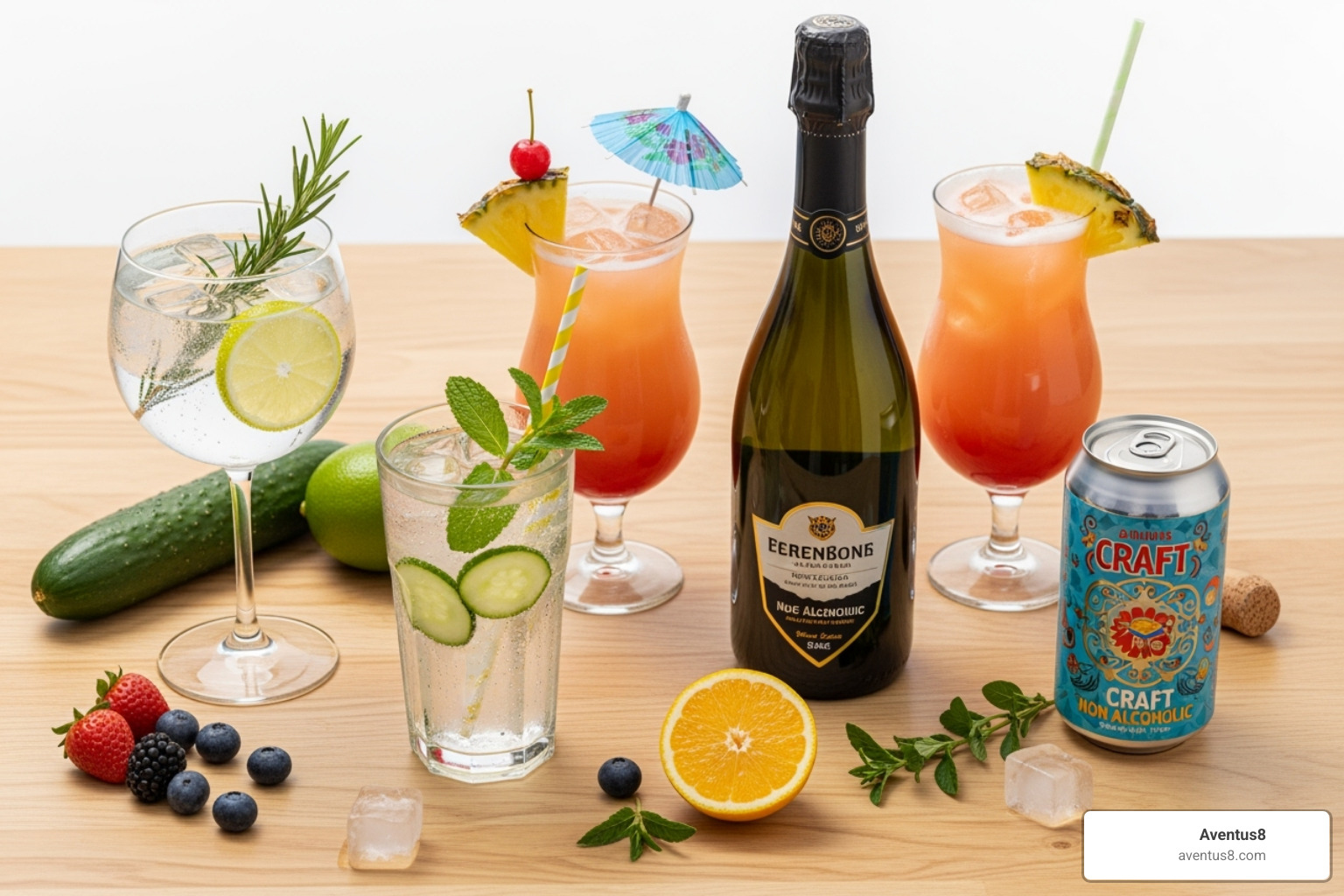 Curated selection of non-alcoholic drink bottles and cans with tropical, beachy props, available in Hollywood, FL - alcohol alternative drinks Curated selection of non-alcoholic drink bottles and cans with tropical, beachy props, available in Hollywood, FL - alcohol alternative drinks