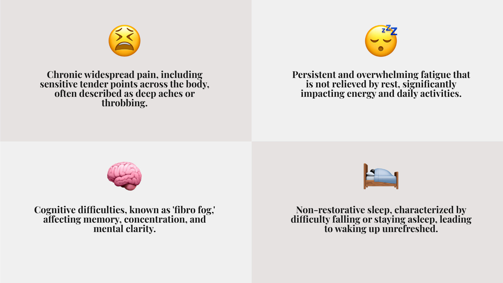 Infographic showing fibromyalgia symptoms including widespread pain across the body with highlighted tender points at neck, shoulders, back, hips, and knees; fatigue represented by a tired person; cognitive difficulties shown as brain fog; and sleep disturbances illustrated by a restless person in bed - fibromyalgia pain cream infographic 4_facts_emoji_grey Infographic showing fibromyalgia symptoms including widespread pain across the body with highlighted tender points at neck, shoulders, back, hips, and knees; fatigue represented by a tired person; cognitive difficulties shown as brain fog; and sleep disturbances illustrated by a restless person in bed - fibromyalgia pain cream infographic 4_facts_emoji_grey