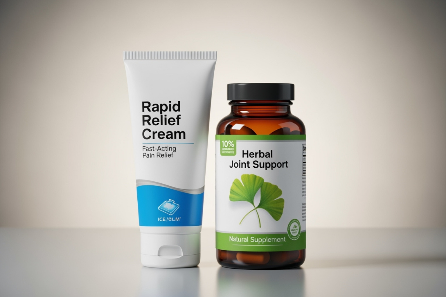 side-by-side of a pain cream tube and a natural supplement bottle - fibromyalgia pain cream side-by-side of a pain cream tube and a natural supplement bottle - fibromyalgia pain cream