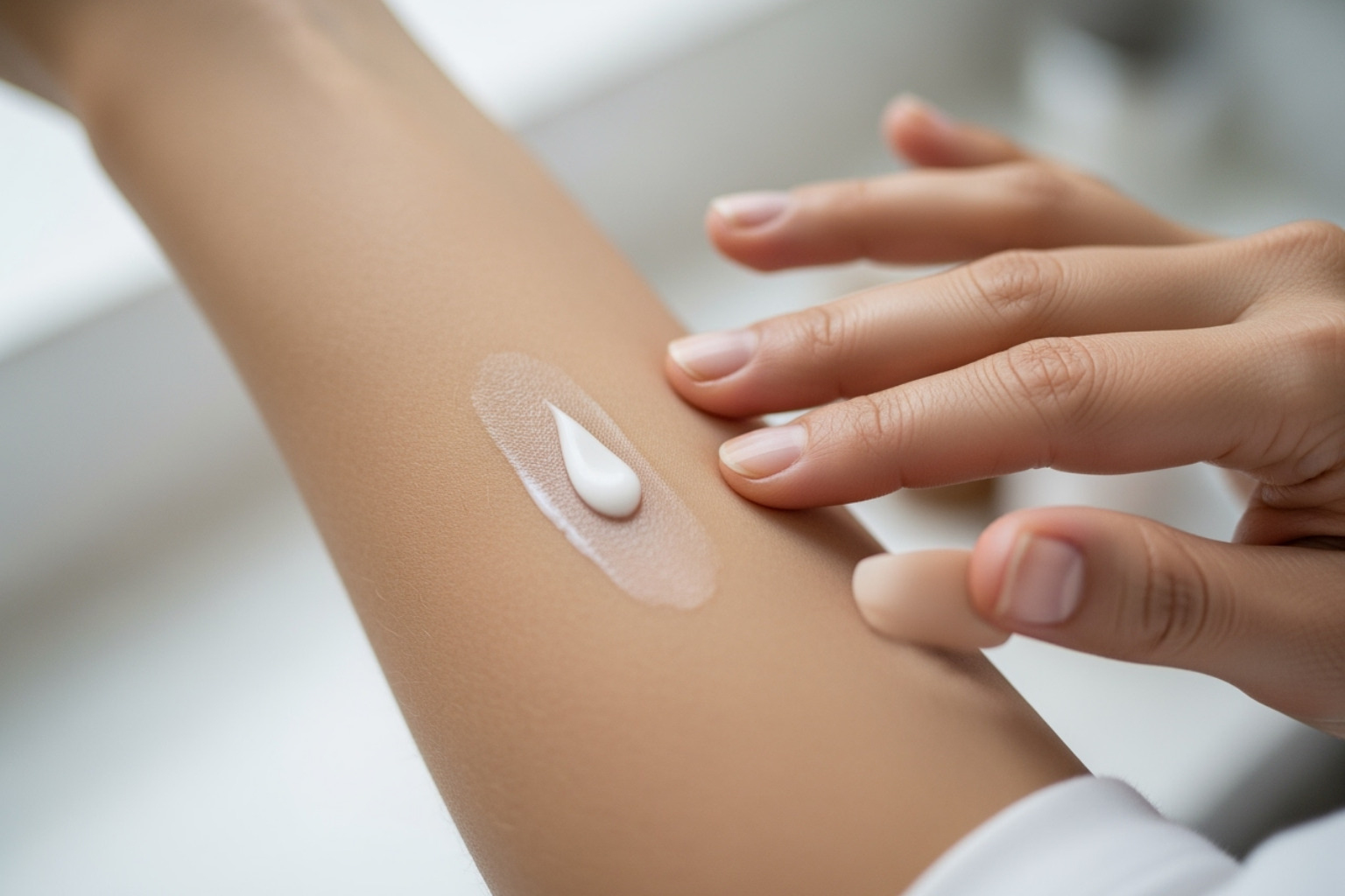 A person applying a small amount of cream to their forearm, performing a patch test before wider application. - muscle sprain cream