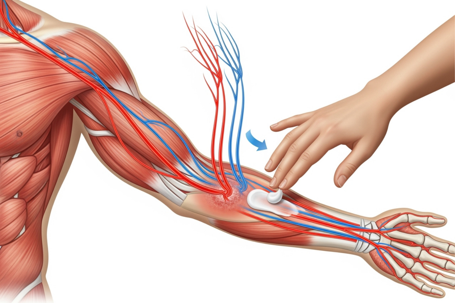 A simplified diagram illustrating a pain signal traveling from an injured area, through nerve fibers, and showing how a topical cream applied to the skin can block or disrupt this signal before it reaches the brain. - muscle sprain cream