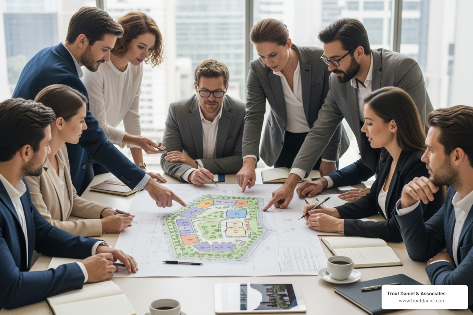 A detailed property site plan being reviewed by a group of investors, highlighting architectural drawings and potential development areas - industrial property to buy 555a55dc9939aadfe316b94e58568dd2fa199e0c