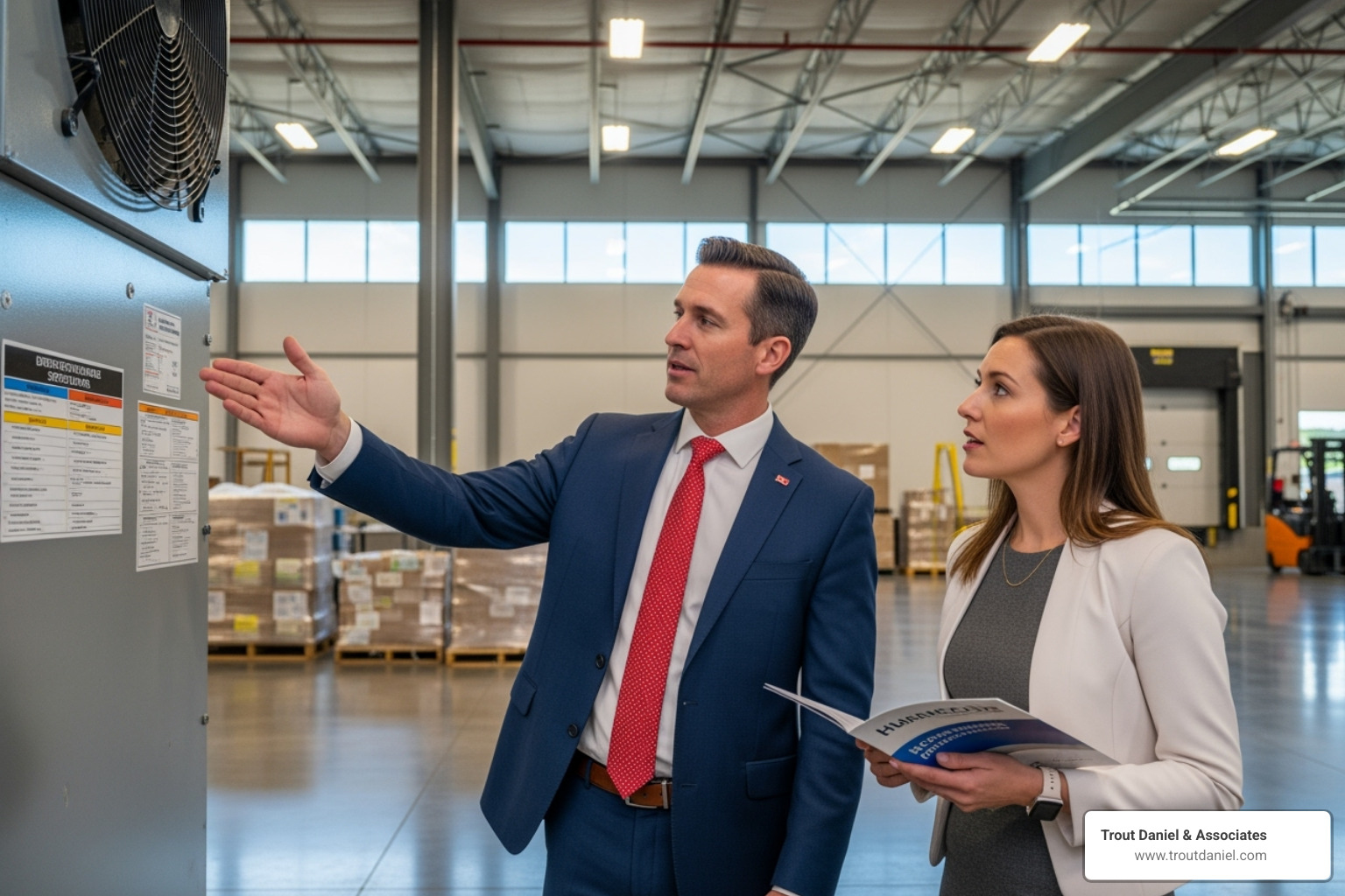 A commercial real estate broker, dressed professionally, pointing to a feature within an industrial property while a client listens attentively, illustrating a property showing - industrial property to buy B7849fc6a66b96dbce159481bea9731580d5d9f8
