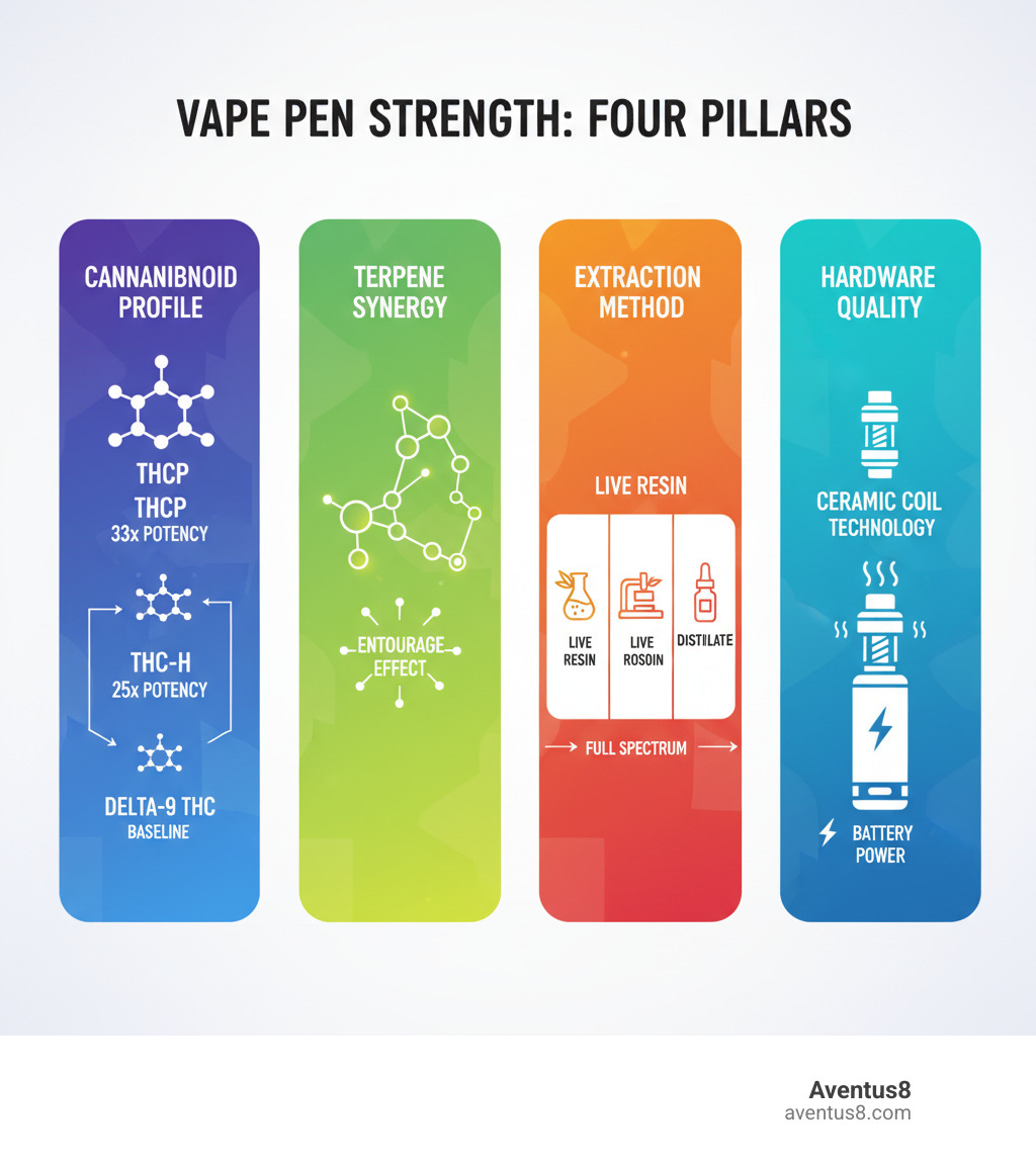 Infographic showing four pillars of vape pen strength: Cannabinoid Profile (featuring THCP at 33x potency, THC-H at 25x potency, and Delta-9 THC baseline), Terpene Synergy (illustrating the entourage effect with molecular connections), Extraction Method (comparing live resin, live rosin, and distillate processes), and Hardware Quality (showing battery power and ceramic coil technology) - what is the strongest thc vape pen infographic 