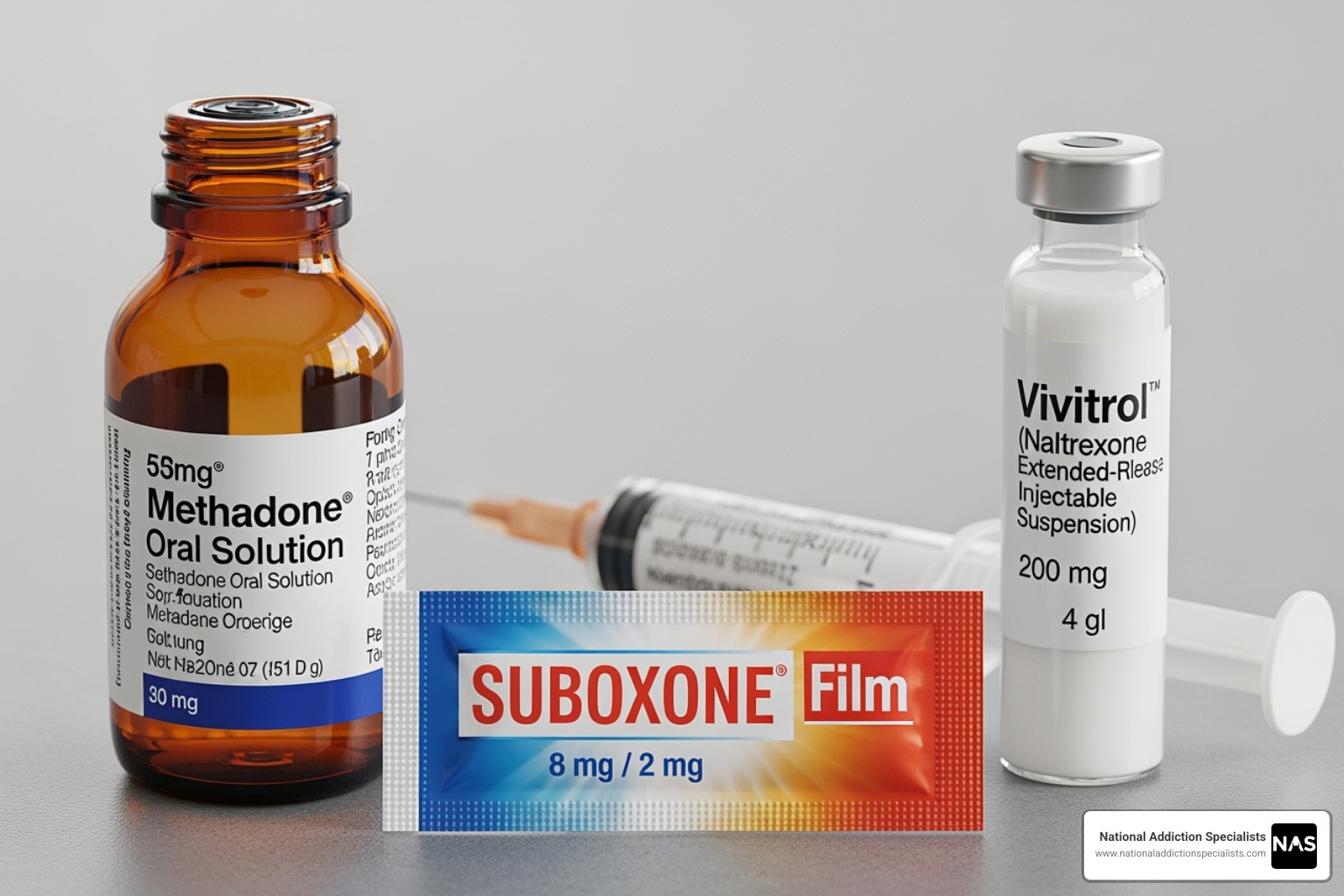 Three forms of MAT medication: liquid methadone, Suboxone film, Vivitrol injection - MAT for OUD Three forms of MAT medication: liquid methadone, Suboxone film, Vivitrol injection - MAT for OUD