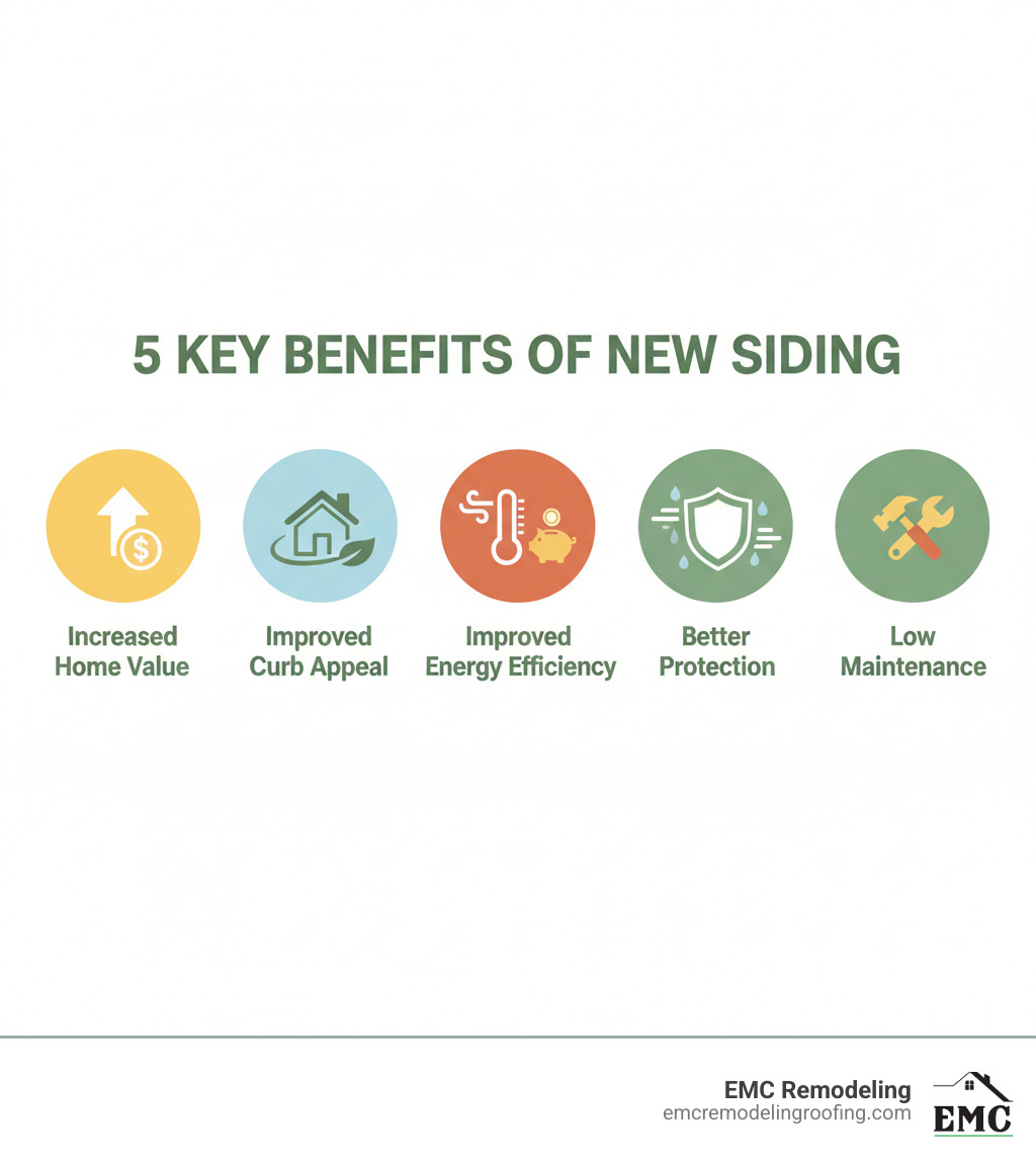 infographic showing five key benefits of new siding: increased home value with upward arrow and dollar sign, improved curb appeal with attractive house icon, improved energy efficiency with thermometer and savings symbol, better protection with shield against weather elements, and low maintenance with minimal upkeep tools - siding temple tx infographic 