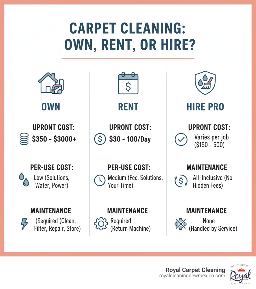 Comparison table for owning, renting, and hiring a professional carpet cleaning service - professional grade carpet cleaner infographic 