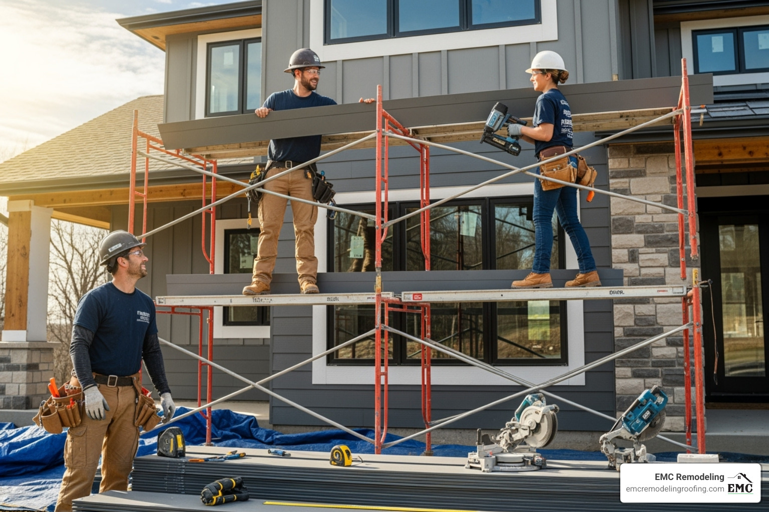 professional and friendly siding installation crew at work - siding temple tx
