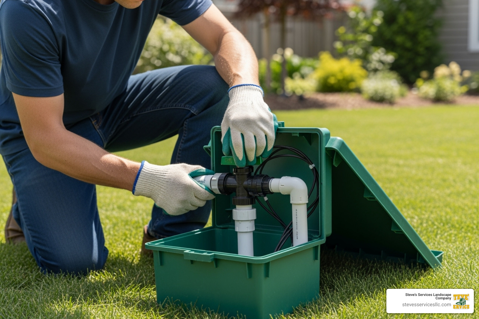 professional technician working on a sprinkler valve in a valve box - sprinkler valve diaphragm replacement