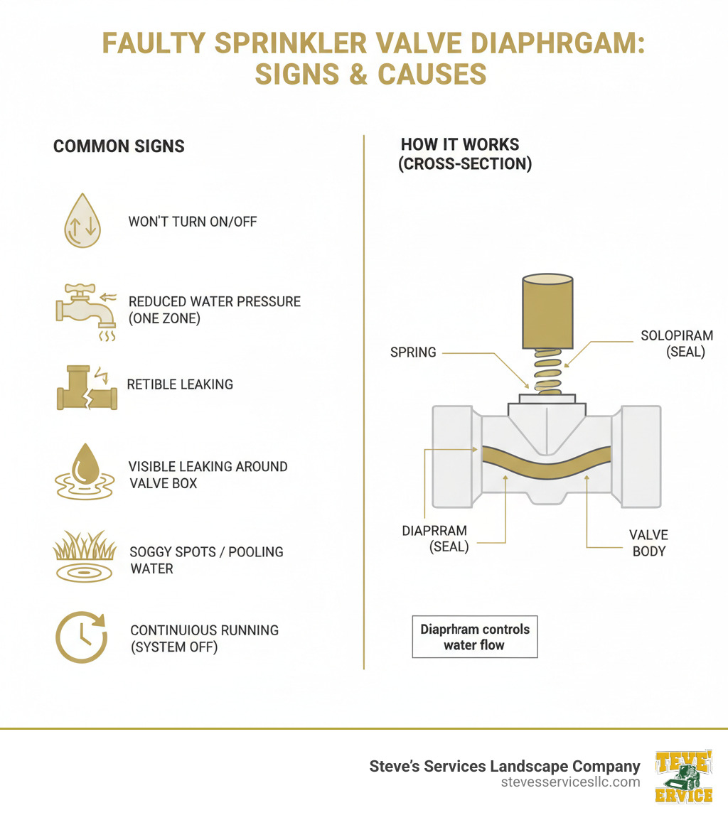 Infographic showing the common signs of a faulty sprinkler valve diaphragm: a sprinkler zone that won't turn on or off, reduced water pressure in one zone compared to others, visible water leaking around the valve box, pooling water or soggy spots in the lawn near a valve, and continuous running even when the system is off. The infographic also shows a cross-section diagram of a valve with labels pointing to the diaphragm, spring, solenoid, and valve body, illustrating how the diaphragm controls water flow. - sprinkler valve diaphragm replacement infographic 