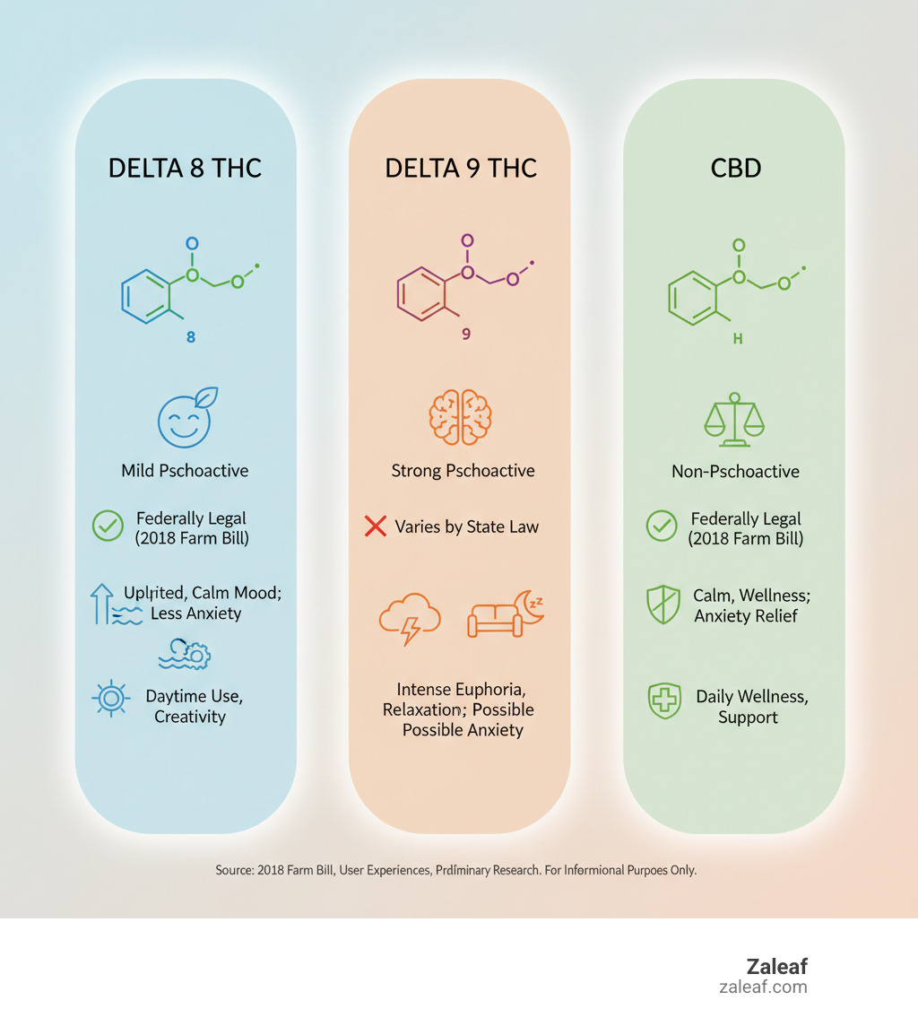 Infographic comparing Delta 8 THC, Delta 9 THC, and CBD showing their chemical structures, psychoactive properties, legal status under the 2018 Farm Bill, typical effects on mood and anxiety, and recommended use cases for each cannabinoid - Uplifting Delta 8 infographic Infographic comparing Delta 8 THC, Delta 9 THC, and CBD showing their chemical structures, psychoactive properties, legal status under the 2018 Farm Bill, typical effects on mood and anxiety, and recommended use cases for each cannabinoid - Uplifting Delta 8 infographic